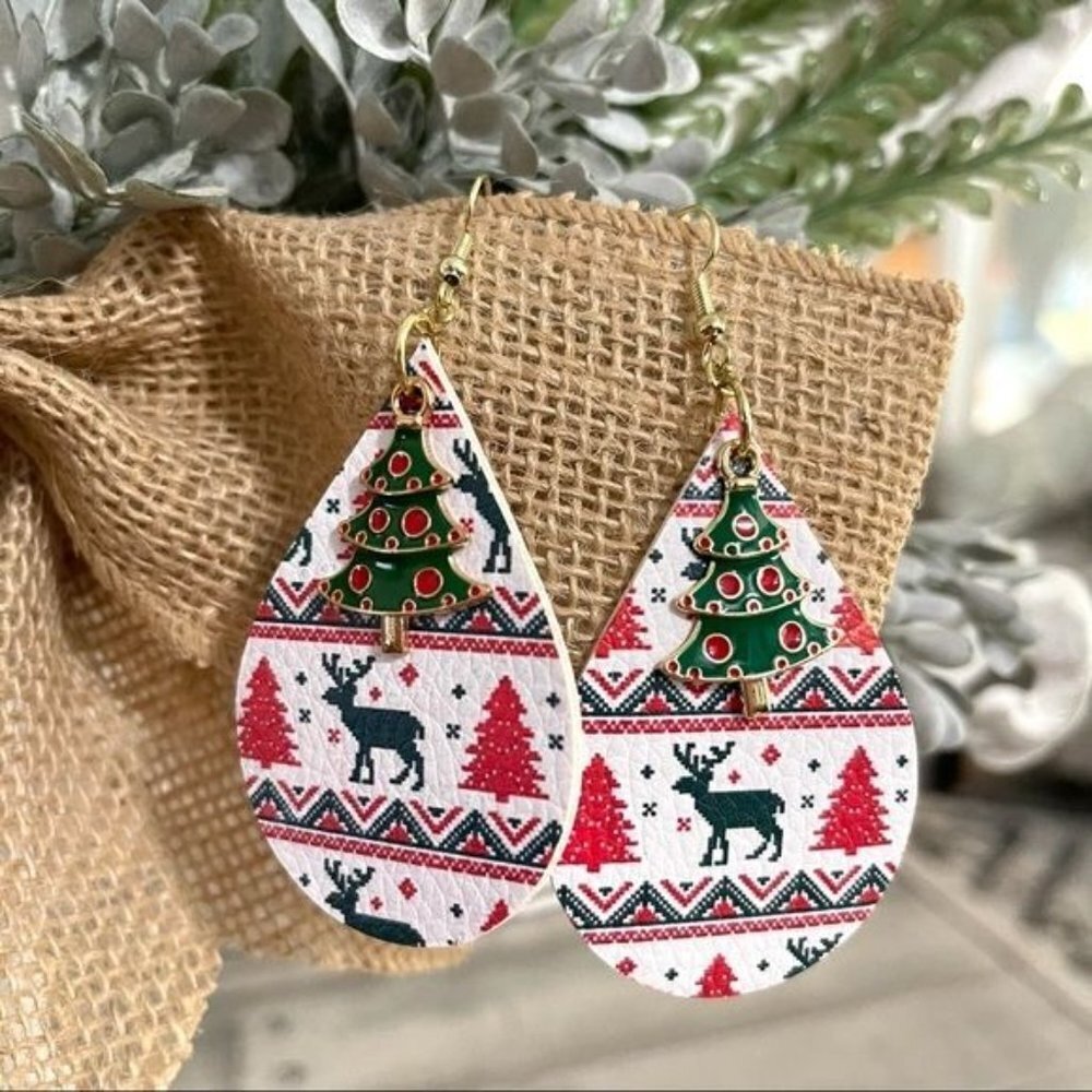 Handmade Christmas Tree & Reindeer Teardrop Statement Earrings Stocking Stuffer - Picture 2 of 3